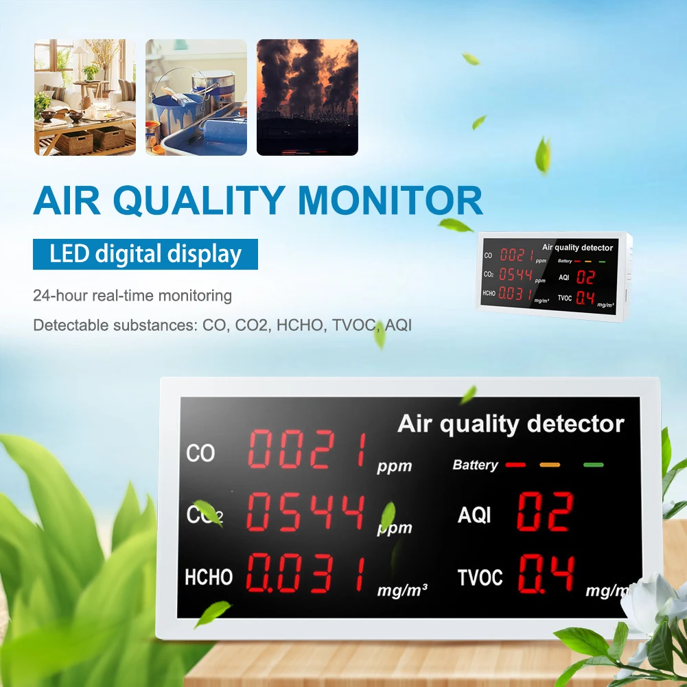 5 In1 Indoor Air Quality Monitor CO CO2 HCHO TVOC AQI Meter Portable LCD Display Home Carbon Dioxide Detector Tester
5 In1 Indoor Air Quality Monitor CO CO2 HCHO TVOC AQI Meter Portable LCD Display Home Carbon Dioxide Detector Tester