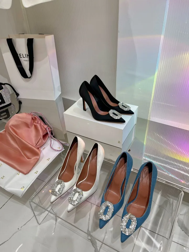 Camelia crystal-embellished pumps pointed toe satin high stiletto heel footwear design AMINA MUADDI Blue Camelia Denim Heels 
Camelia crystal-embellished pumps pointed toe satin high stiletto heel footwear design AMINA MUADDI Blue Camelia Denim Heels