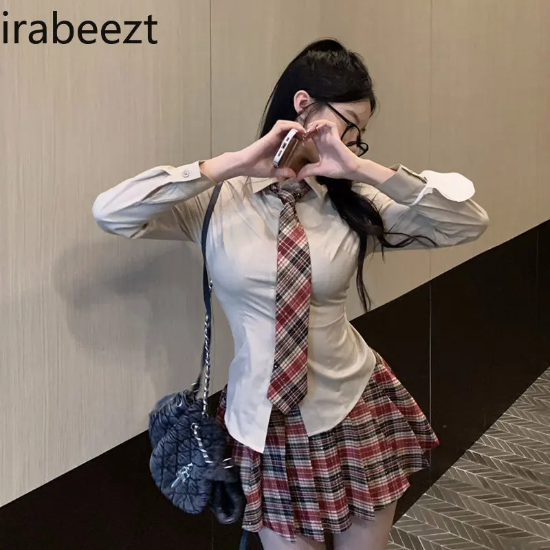 Irabeezt Two Piece Sets Womens Outifits Sweet Retro Waist Slim Long Sleeve Shirt Plaid Pleated Skirt Womans Clothes Skirt Sets 
Irabeezt Two Piece Sets Womens Outifits Sweet Retro Waist Slim Long Sleeve Shirt Plaid Pleated Skirt Womans Clothes Skirt Sets