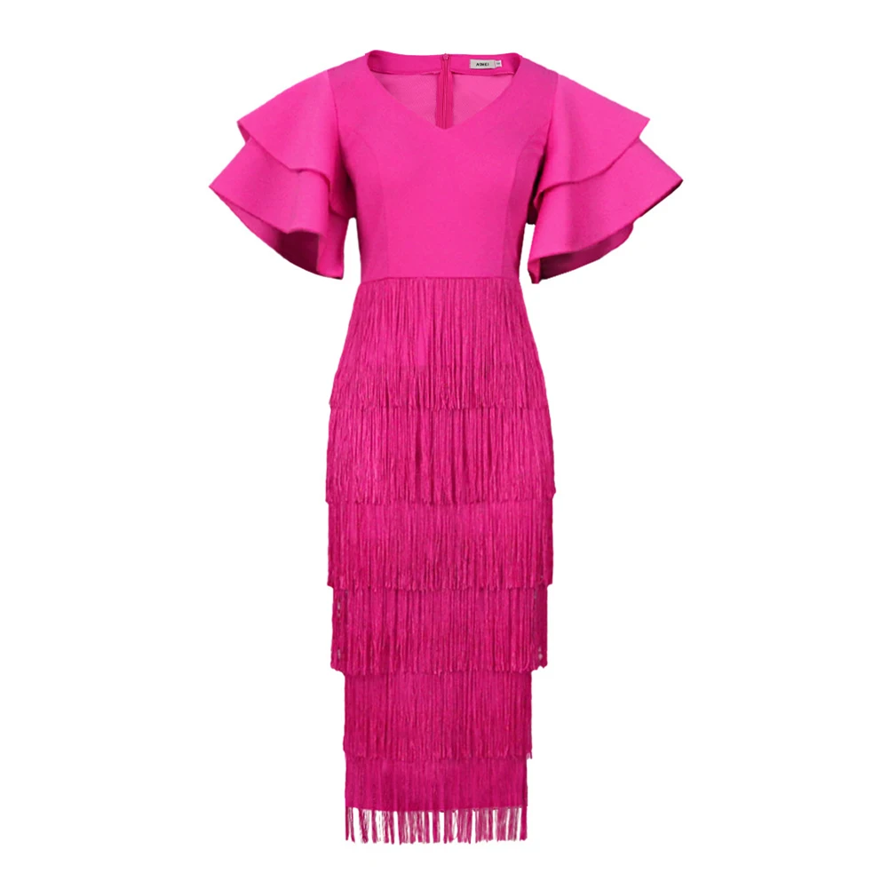 Tassel Dress Women Sexy Summer High Waist V-Neck Ruffled Sleeves Rose Red Elegant Slim Bodycon Dress Night Clubwear
Tassel Dress Women Sexy Summer High Waist V-Neck Ruffled Sleeves Rose Red Elegant Slim Bodycon Dress Night Clubwear