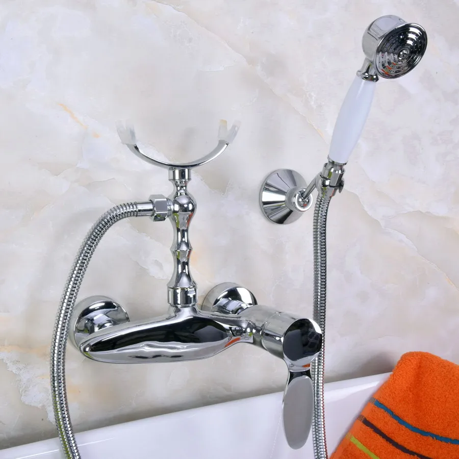 

Polished Chrome Brass Wall Mounted Bathtub Clawfoot Tub Bathroom Hand Held Shower Head Faucet Set W/ Bracket Wall Fixture ana258