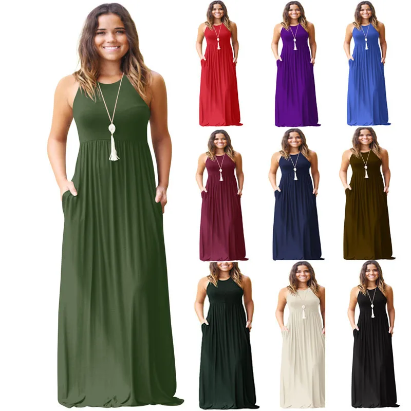 Female Solid Long Boho Dress Lady Beach Summer Sundrss Maxi Dress Women's Sleeveless Solid Color Pocket Dress
Female Solid Long Boho Dress Lady Beach Summer Sundrss Maxi Dress Women's Sleeveless Solid Color Pocket Dress