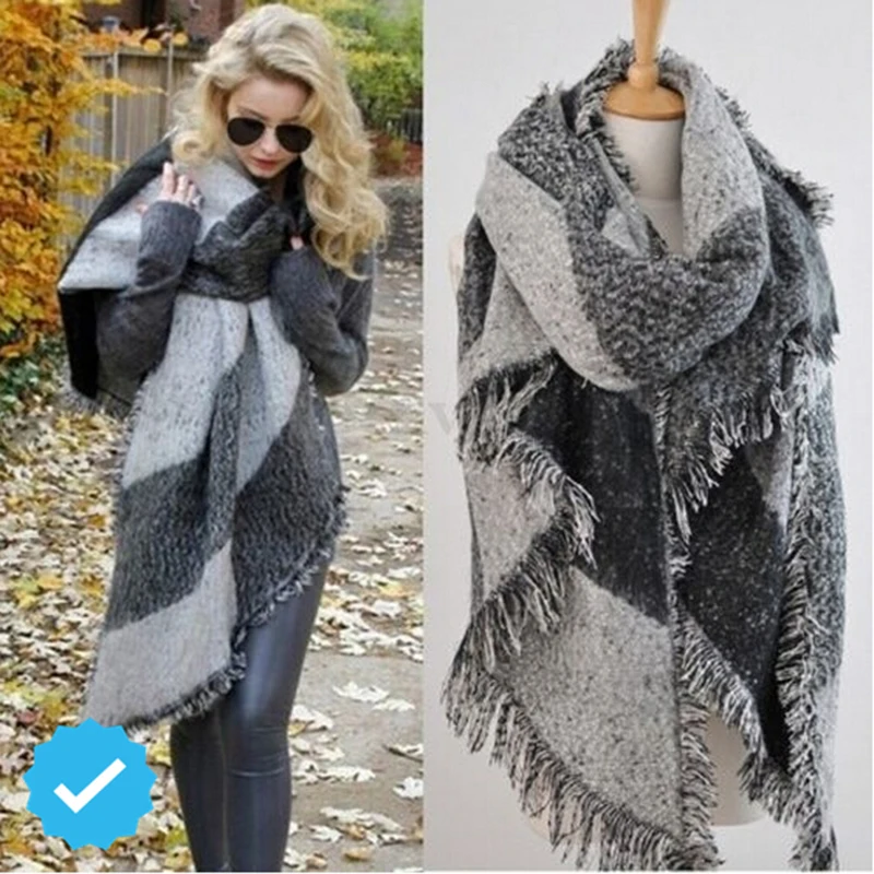 

Fashion Pashmina Women Scarf Thickening Warm Winter Plaid Scarf Shawl Reversible Cape Shawl Wrap Blanket Warm Poncho