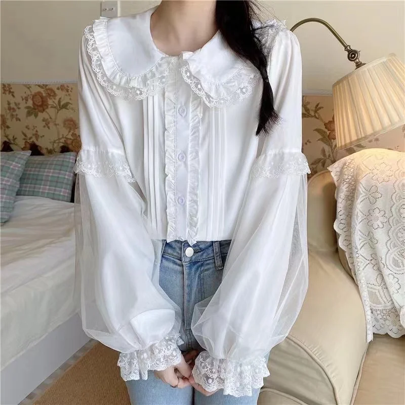 White Lolita Shirt Mesh Lace Ruffle Elegant Women Preppy Style Blouses Cute JK Kawaii Tops Girls Long Sleeve Blusas Mujer 2023
White Lolita Shirt Mesh Lace Ruffle Elegant Women Preppy Style Blouses Cute JK Kawaii Tops Girls Long Sleeve Blusas Mujer 2023