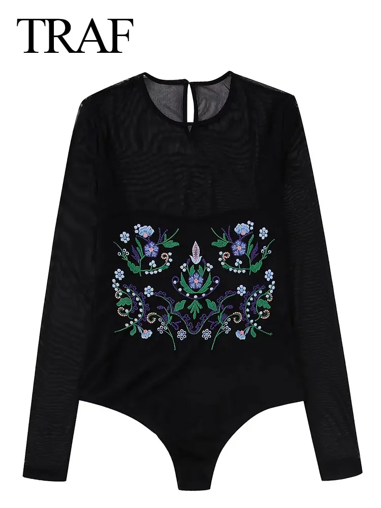 TRAF Women's Fashion Vintage Floral Embroidery Tulle Crew Neck Long Sleeve Bodysuit Tops Sexy Slim Female Tights Playsuits
TRAF Women's Fashion Vintage Floral Embroidery Tulle Crew Neck Long Sleeve Bodysuit Tops Sexy Slim Female Tights Playsuits
