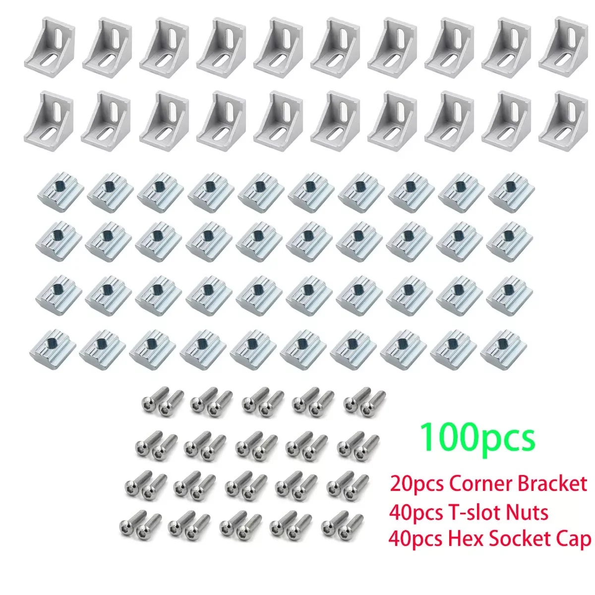 2020 Aluminum Profile Connector Set 20pcs Corner Bracket + 40pcs 20 Series M5 T-slot Nuts + 40pcs M5x8mm Hex Socket Cap E
2020 Aluminum Profile Connector Set 20pcs Corner Bracket + 40pcs 20 Series M5 T-slot Nuts + 40pcs M5x8mm Hex Socket Cap E