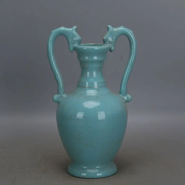 

Chinese Song Ru Kiln Porcelain Celadon Glaze Dragon Design Vase 8.70 inch