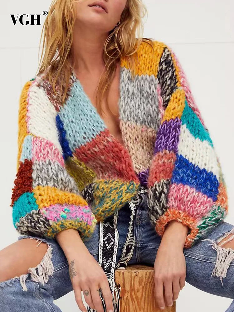 VGH Vintage Hit Color Sweaters For Women V Neck Lantern Sleeve Casual Loose Patchwork Knitting Cardigan Female Winter Clothing
VGH Vintage Hit Color Sweaters For Women V Neck Lantern Sleeve Casual Loose Patchwork Knitting Cardigan Female Winter Clothing