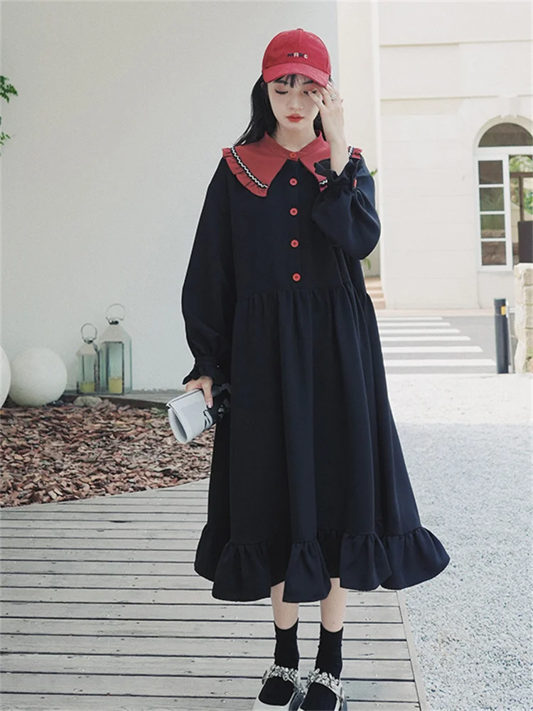 Preppy Style Peter Pan Collar Splice Contrast Color Long Sleeve Black Dress 2022 Autumn Women Elegant Loose Maxi Dresses 3113
Preppy Style Peter Pan Collar Splice Contrast Color Long Sleeve Black Dress 2022 Autumn Women Elegant Loose Maxi Dresses 3113