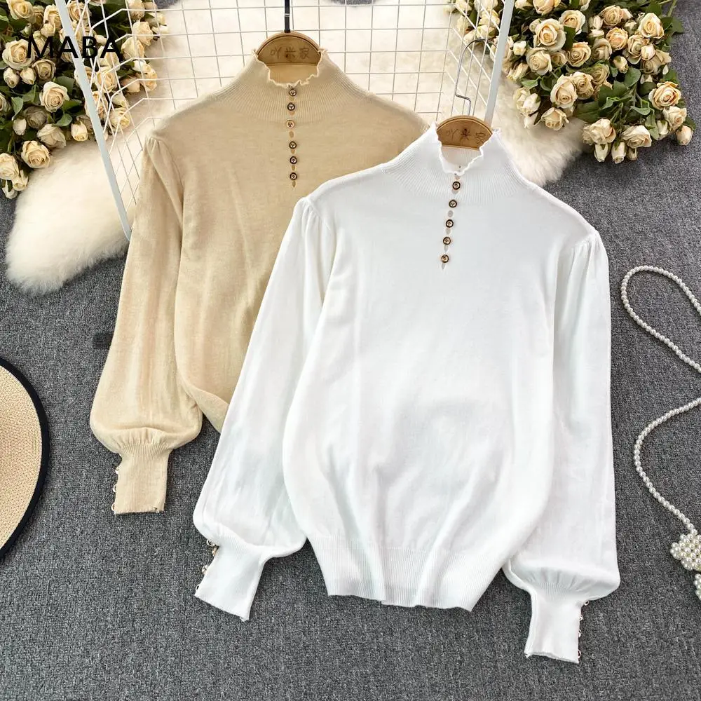 2023 Autumn Winter Half Turtleneck Button Knitted Pullover Sweater Women Puff Sleeve Loose Solid Simple Bottom Basic Sweater Top
2023 Autumn Winter Half Turtleneck Button Knitted Pullover Sweater Women Puff Sleeve Loose Solid Simple Bottom Basic Sweater Top