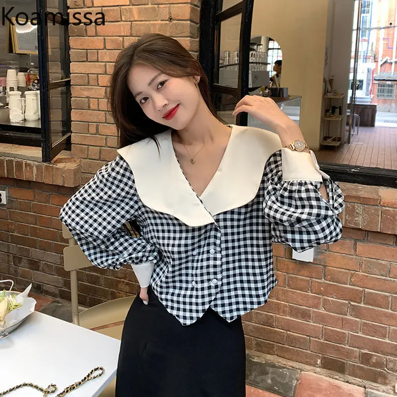 Koamissa Retro Women's Blouse Spring Autumn Plaid Shirt Lady French Shirt New Sweet Peter Pan Collar Loose Outwear Cropped Tops
Koamissa Retro Women's Blouse Spring Autumn Plaid Shirt Lady French Shirt New Sweet Peter Pan Collar Loose Outwear Cropped Tops