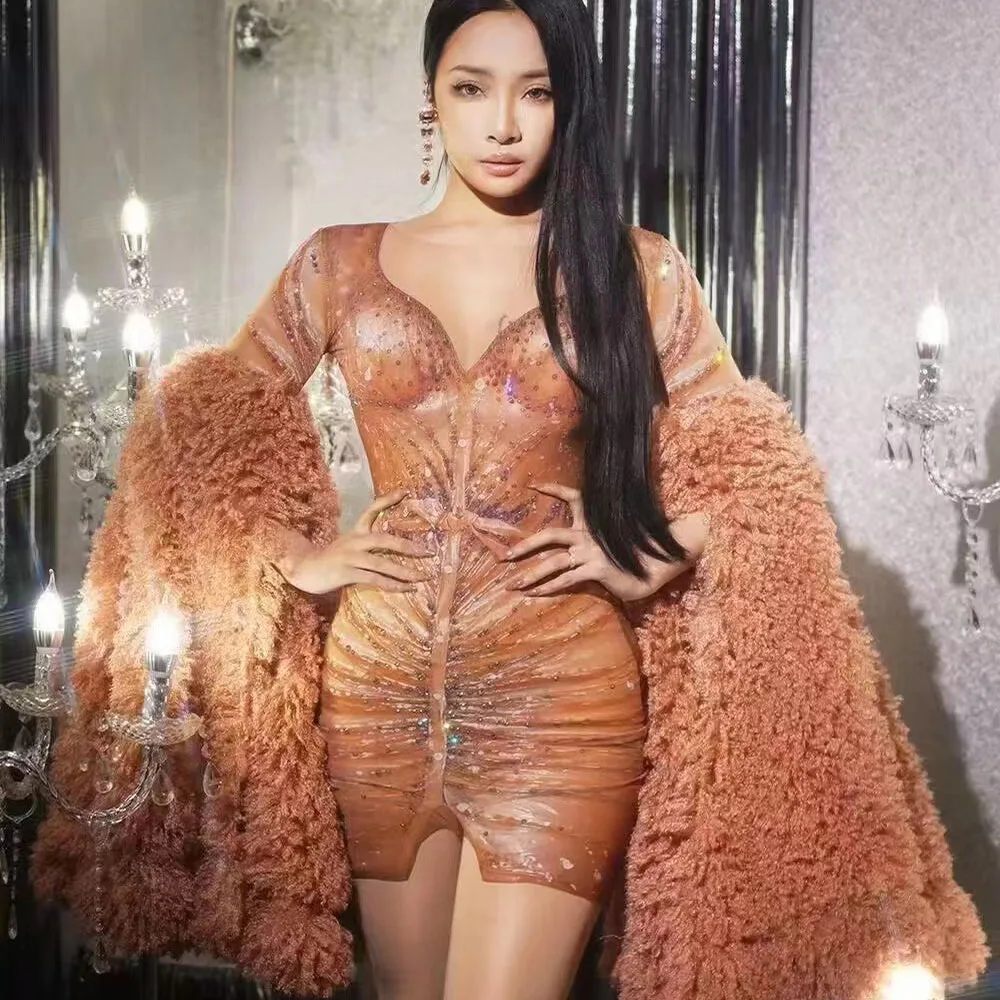 Women Sexy Stage Fluffy Sleeves Rhinestones Short Dress Celebrate Prom Birthday Bodycon Dress Nightclub Dance Show Costume
Women Sexy Stage Fluffy Sleeves Rhinestones Short Dress Celebrate Prom Birthday Bodycon Dress Nightclub Dance Show Costume