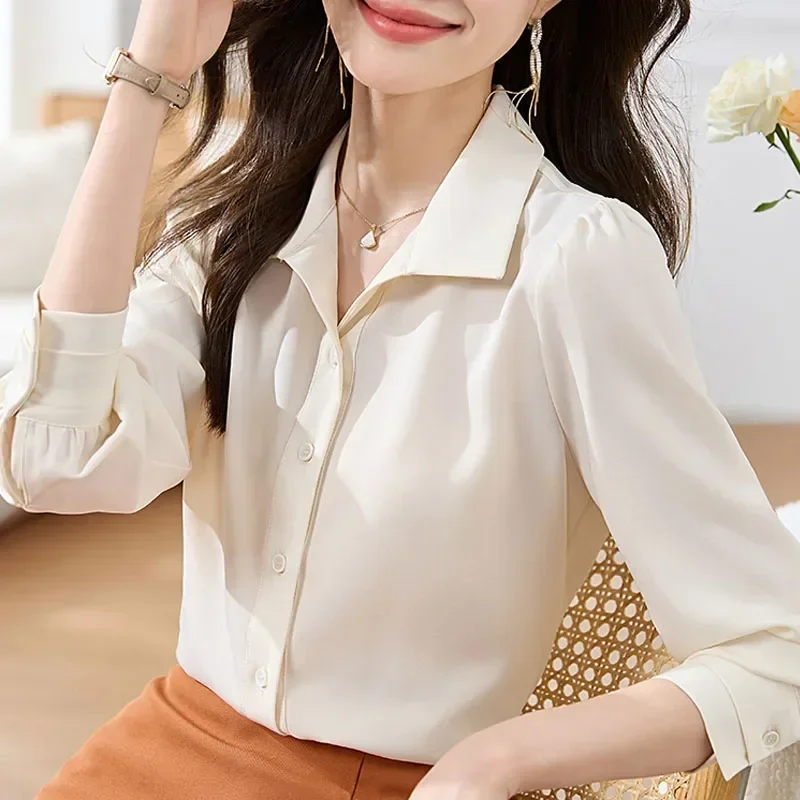 

French Style Office Lady Long Sleeve Chiffon Blouse Women Turn Down Collar Shirt New Fashion Autumn Button Tops Clothes 29466