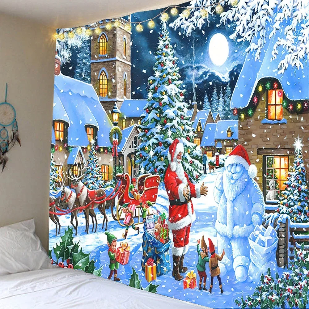 

Xmas Art Wall Hanging Tapestry Santa Claus Gift Snow Christmas Deer Backdrop Tapestries Bedroom Living Room Decor Wall Hanging