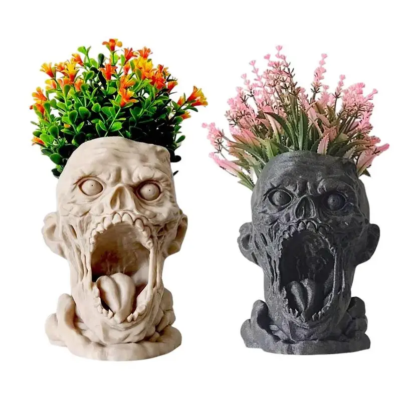 

Skull Planter Pot Scary Skull Sculpture Flower Pot Multi-Purpose Planting Container For Flowers Air Plants Cacti And Succulents