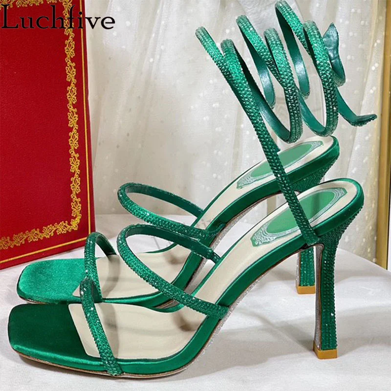 

Luchfive Luxury Crystal High Heel Sandals Beading Coiled Ankle Strap Gladiator Sandals Summer Strappy Brand Party Shoes Mujer
