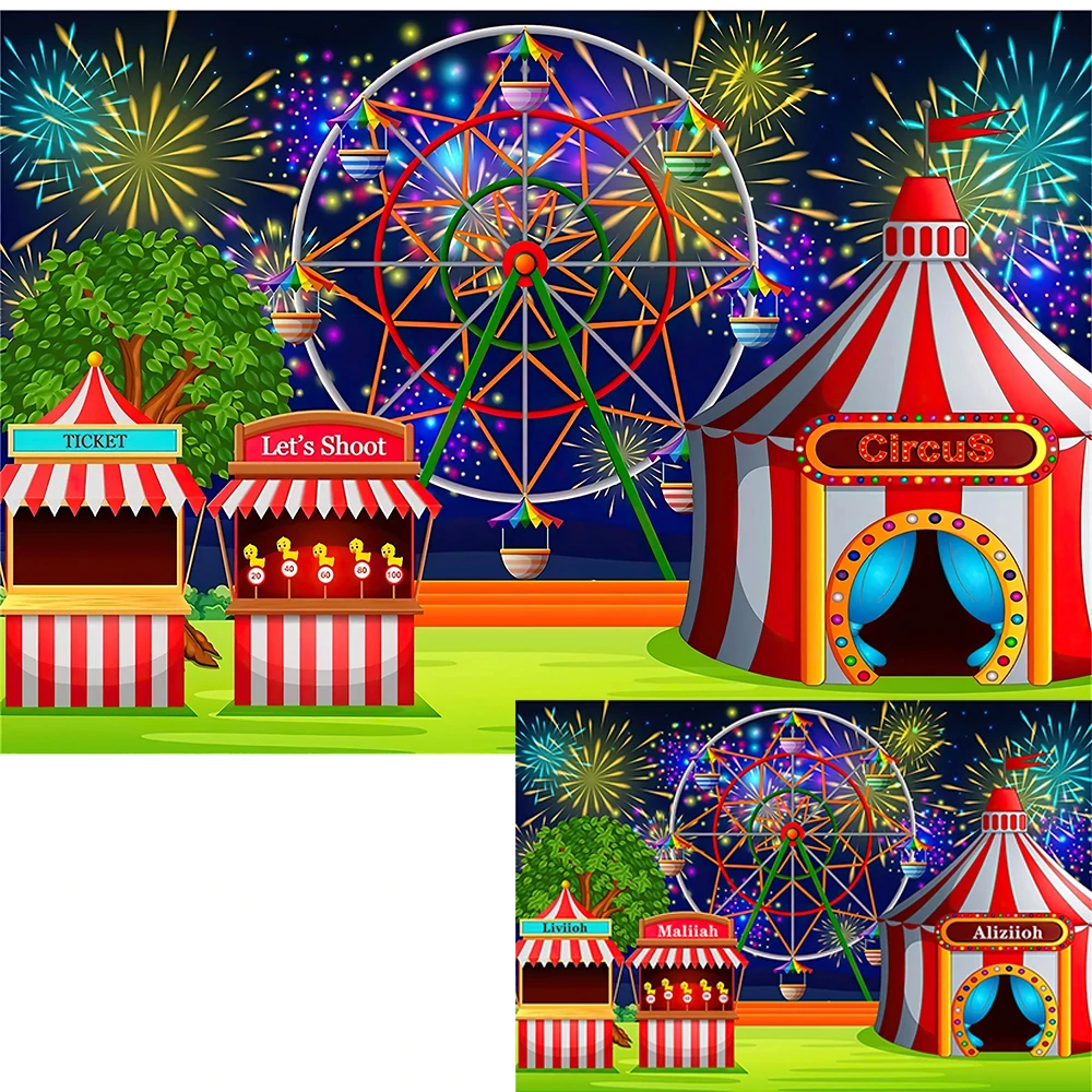 Customized Fairground Circus Tent Backdrop Cartoon Park Ferris Wheel Fireworks Photography Background Playground Party Banner
Customized Fairground Circus Tent Backdrop Cartoon Park Ferris Wheel Fireworks Photography Background Playground Party Banner
