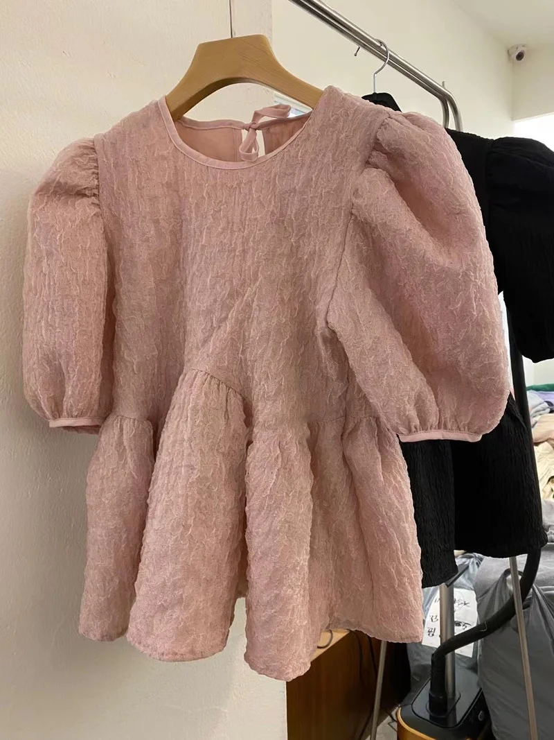 Loose Korean Chic Round Lace Up Puff Short Sleeve Pink Shirts Women Blusas Mujer 2022 Summer Blouse Sweet Black Doll Top Ruffled 
Loose Korean Chic Round Lace Up Puff Short Sleeve Pink Shirts Women Blusas Mujer 2022 Summer Blouse Sweet Black Doll Top Ruffled