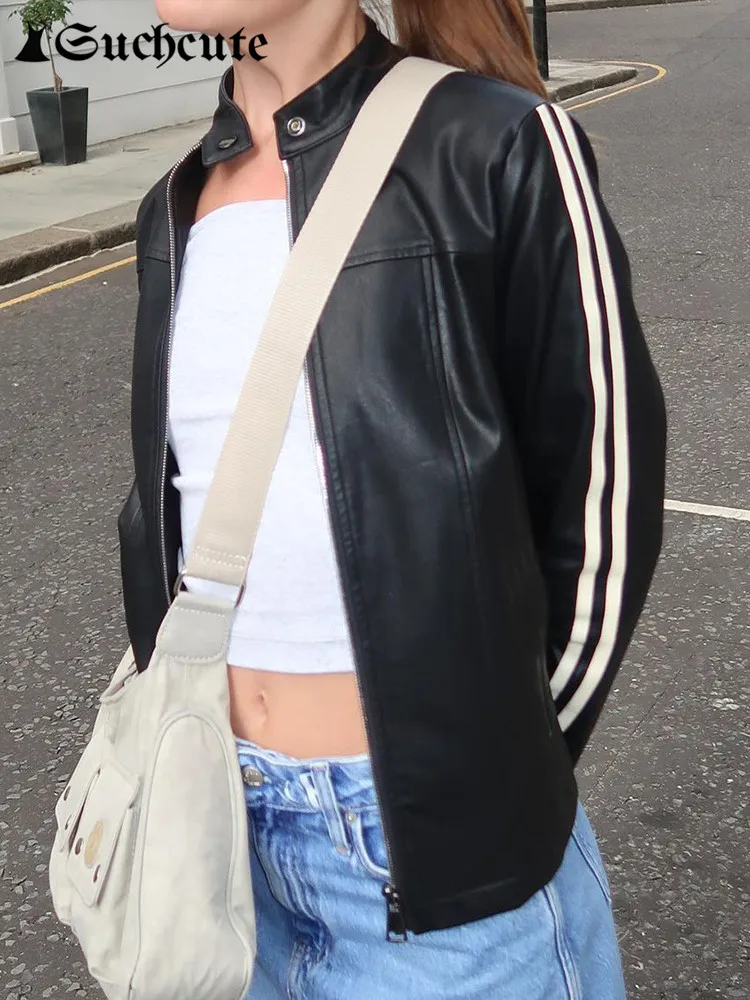 SUCHCUTE Casual PU Zip Up Loose Jackets American Retro Side Stripe Turletneck Faxu Leather Crop Outwear Punk Style Black Coats
SUCHCUTE Casual PU Zip Up Loose Jackets American Retro Side Stripe Turletneck Faxu Leather Crop Outwear Punk Style Black Coats