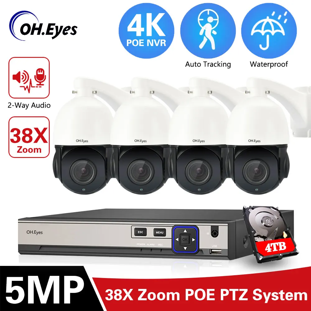 

5MP H.265 8CH Video Surveillance Set PTZ Smart AI Security Camera POE NVR Kit Auto Tracking 2 Way Audio 38x Zoom Camera Kits