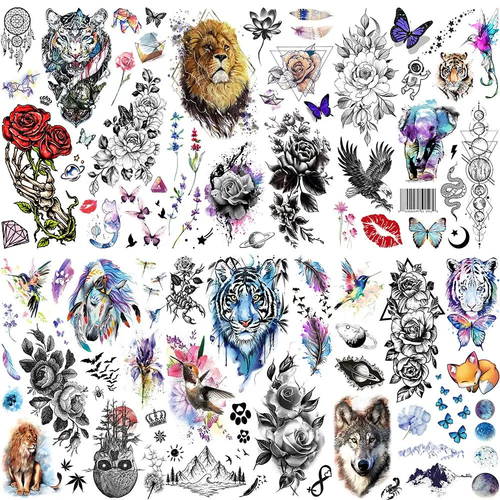 

Временные татуировки 3D, тигр, Лев, животные для мужчин, женщин, искусственный волк, лиса, цветок, тату-наклейка, реалистичные акварельные татуировки для рук
