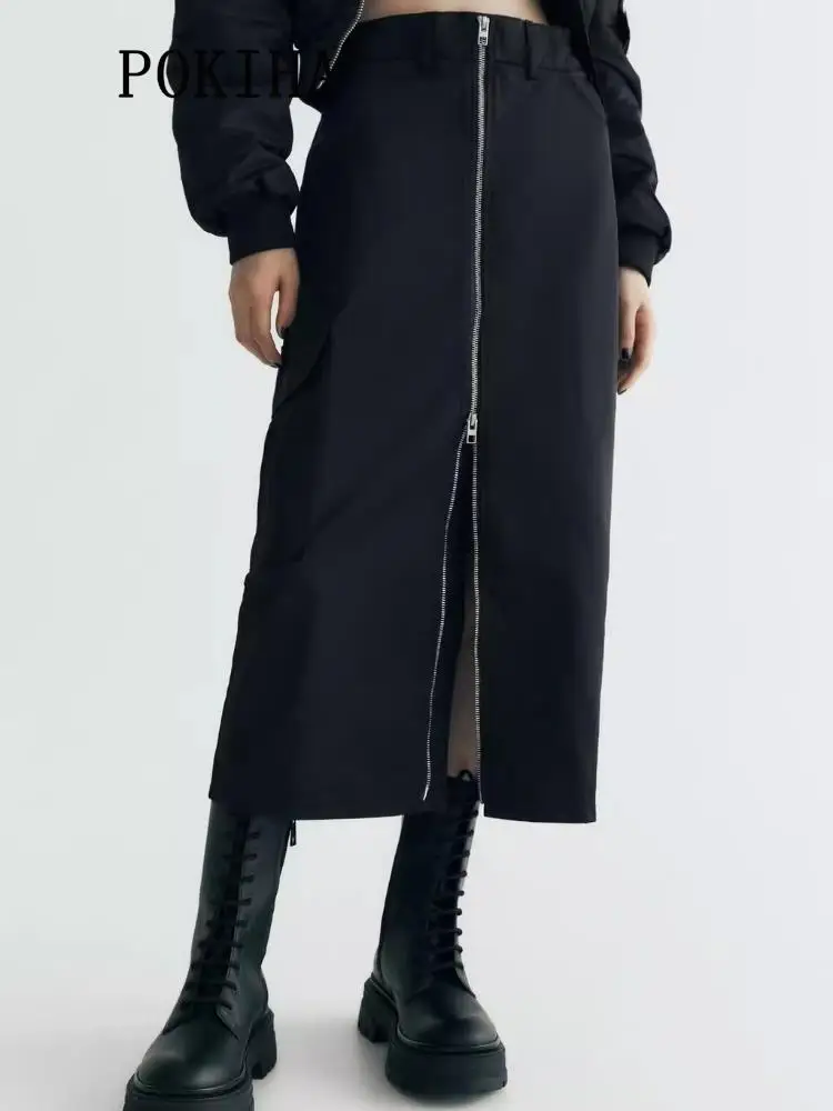 Pokiha модная женская Новая повседневная черная нейлоновая юбка-карго с разрезом миди винтажная Юбка со средней талией и передней молнией шикарные женские юбки Mujer 
Pokiha модная женская Новая повседневная черная нейлоновая юбка-карго с разрезом миди винтажная Юбка со средней талией и передней молнией шикарные женские юбки Mujer