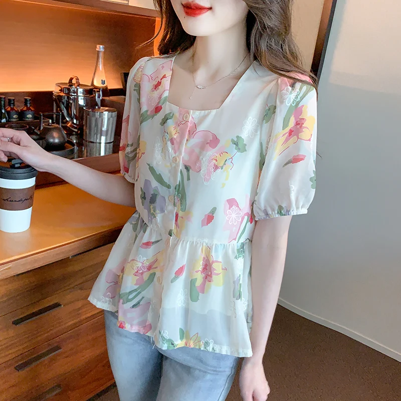 Summer Women's Short Sleeve Square Neck French Bubble Sleeve Printed Versatile Casual Chiffon Shirt Blouse Camisas De Mujer A184
Summer Women's Short Sleeve Square Neck French Bubble Sleeve Printed Versatile Casual Chiffon Shirt Blouse Camisas De Mujer A184