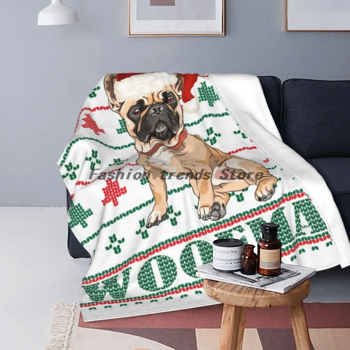 

French Bulldog Ugly Christmas Sweater Dog Blankets Flannel Printed Multi-function Warm Throw Blankets for Sofa Couch Bedspreads