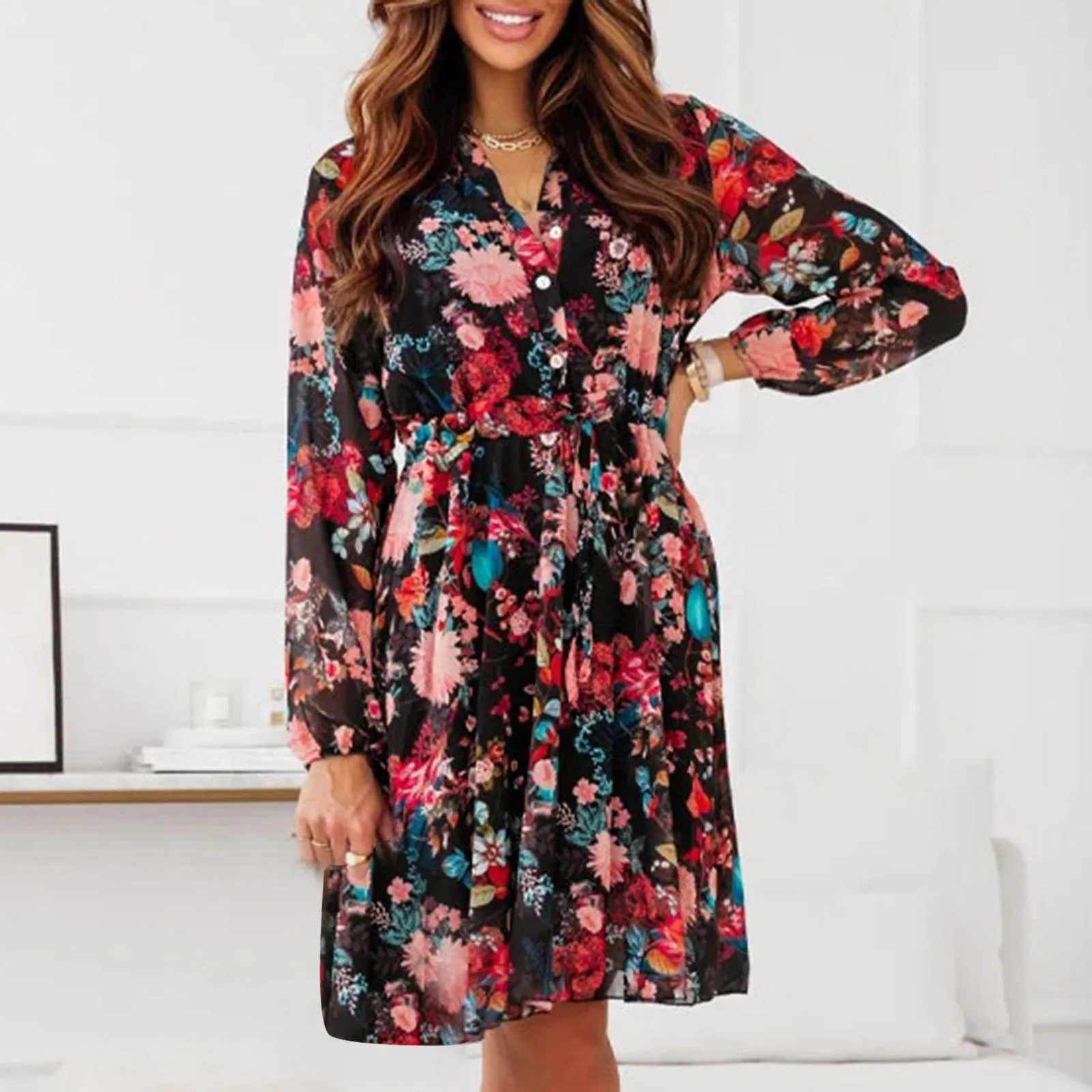 Ladies Button Front Long Sleeve Shirt Collar Dress Printed Belted Waist Dress Hot Dress Casual
Ladies Button Front Long Sleeve Shirt Collar Dress Printed Belted Waist Dress Hot Dress Casual