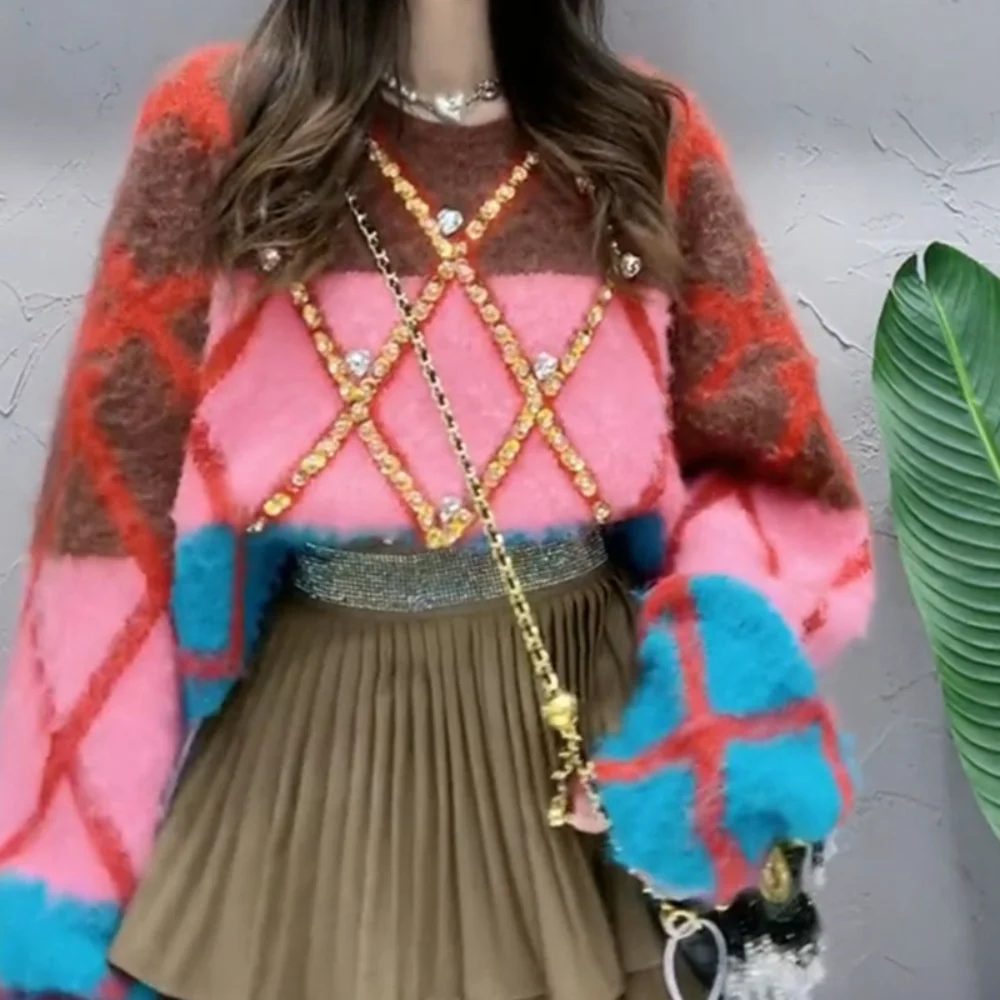 2022 Fall Winter New Argyle Sweater Women Vintage Beading Sequins Loose Knitted Oversized Sweaters Long Sleeve Ladies Pullovers
2022 Fall Winter New Argyle Sweater Women Vintage Beading Sequins Loose Knitted Oversized Sweaters Long Sleeve Ladies Pullovers