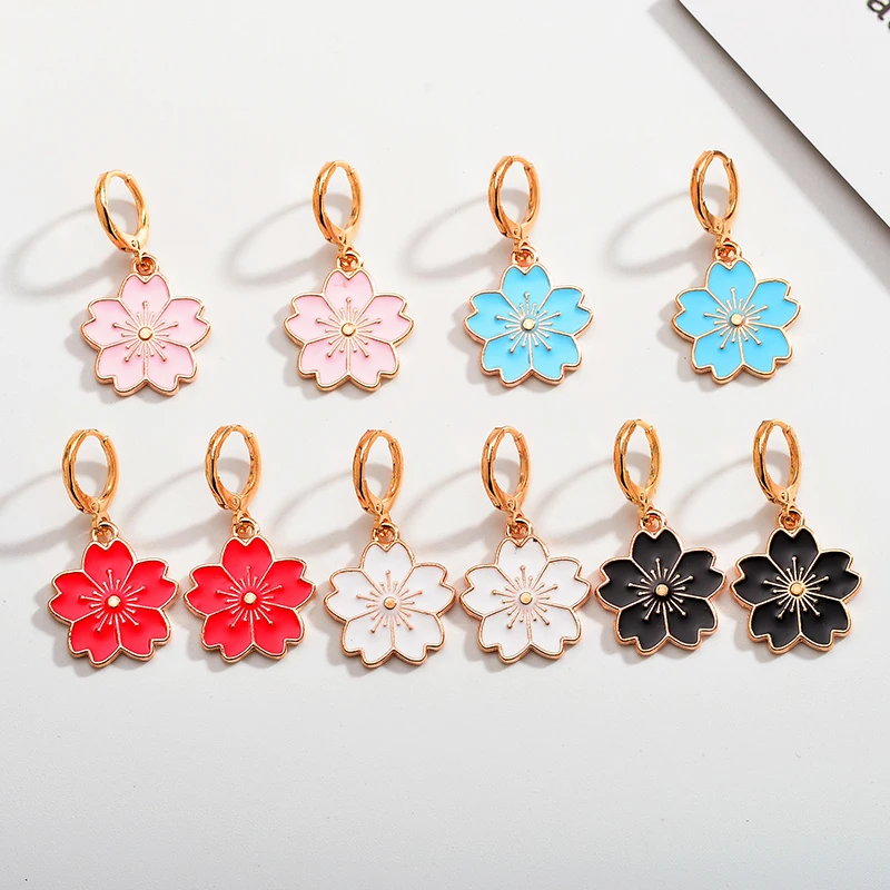 

Pink 2pairs New Ladies Fashion Personality Jewelry Cute Small Fresh Simple Women's Earrings Cherry Blossom Hoop Pendant Earrings