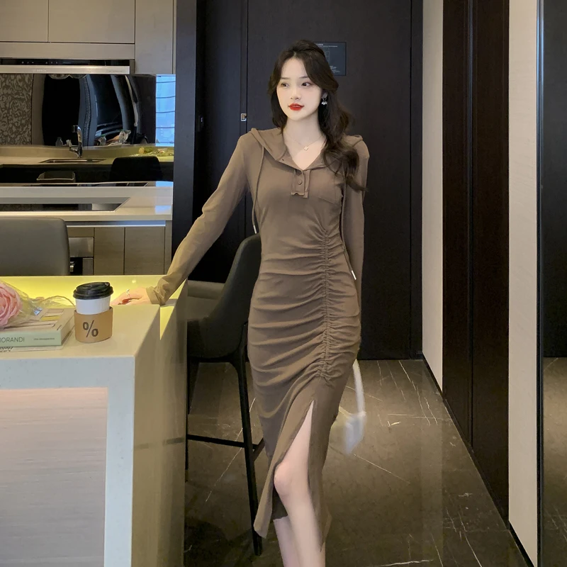 High Strecth Korean Fashion Elegant Women Dress Sheath Pullover Hooded Vintage Folds Dress A-line Office Lady Long Women Dress
High Strecth Korean Fashion Elegant Women Dress Sheath Pullover Hooded Vintage Folds Dress A-line Office Lady Long Women Dress