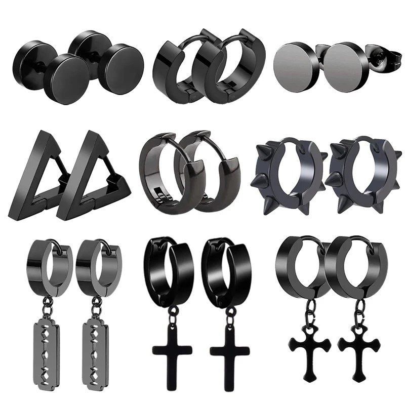 

Серьги-гвоздики из нержавеющей стали для мужчин и женщин, набор черных украшений в стиле панк, хип-хоп, пирсинг, несколько видов, 4-9 пар