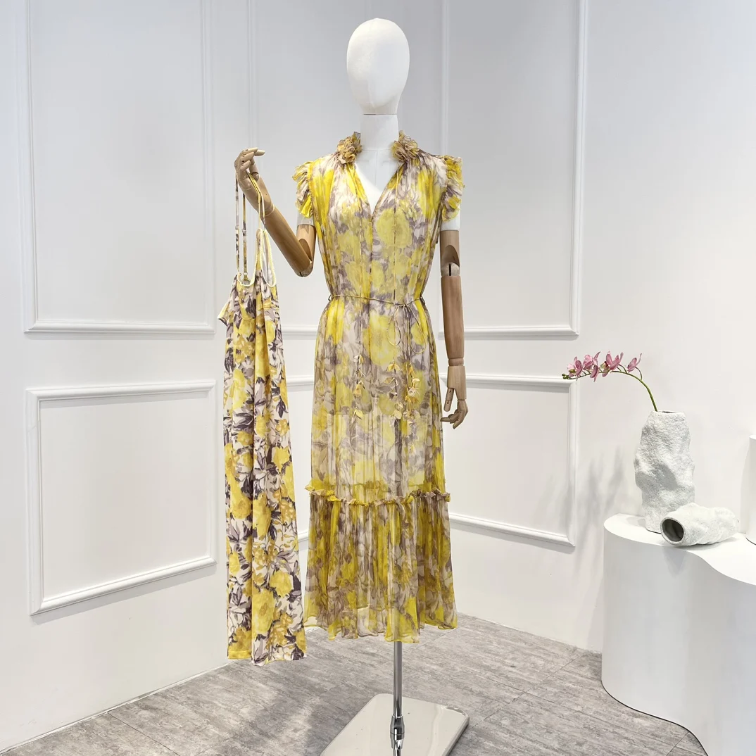 

Женское платье миди из натурального шелка, желтое пляжное платье с цветочным принтом, оборками и аппликацией, новинка весны-лета 2023
