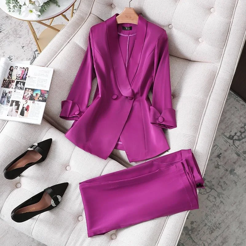 

Женский офисный комплект из 2 предметов, Модный Фиолетовый пиджак и брюки, черный деловой тонкий пиджак, деловые брючные костюмы, новинка 2022