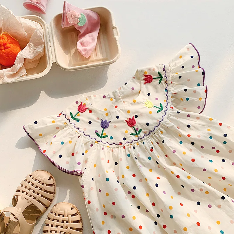

Korean Summer Girls Dress Children Clothing Colorful Polka Dot Tulip Embroidered Dress Flying Sleeve Sweet Princess Dress
