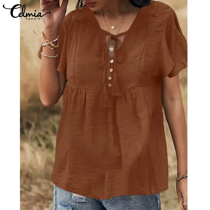 Celmia 2022 Summer Tunic Tops Women Peplum Blouses Elegant Sexy V Neck Short Ruffled Sleeve Hollow Bandage Buttons Party Blusas
Celmia 2022 Summer Tunic Tops Women Peplum Blouses Elegant Sexy V Neck Short Ruffled Sleeve Hollow Bandage Buttons Party Blusas
