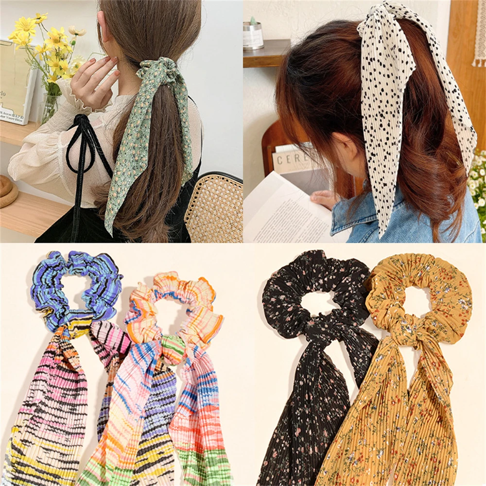 

Pleated Streamer Hair Band Scrunchies Fashion Bowknot Girls Headbands Pontail Scarf Hair Ties Hair Accessories For Women