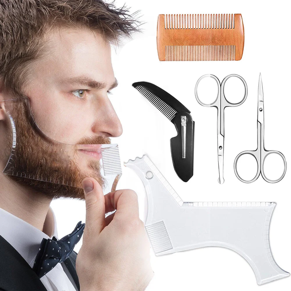 

Beard Care Set Beard Styling Comb Double-sided Wooden Comb Two Kinds of Small Scissors Trumpet Folding Comb Combination