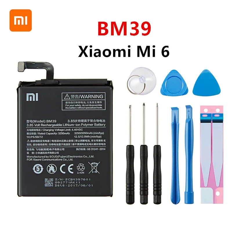 Оригинальный аккумулятор Xiao mi 100% BM39 3350 мАч для Xiaomi 6 Mi Mi6 сменные батареи телефона +