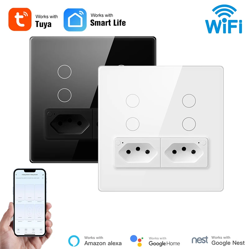 Tuya WiFi Brazil Wall Switch Socket 4 Switch 2 Sockets Individual Control 16A APP Wireless Control Compatible with Alexa
Tuya WiFi Brazil Wall Switch Socket 4 Switch 2 Sockets Individual Control 16A APP Wireless Control Compatible with Alexa