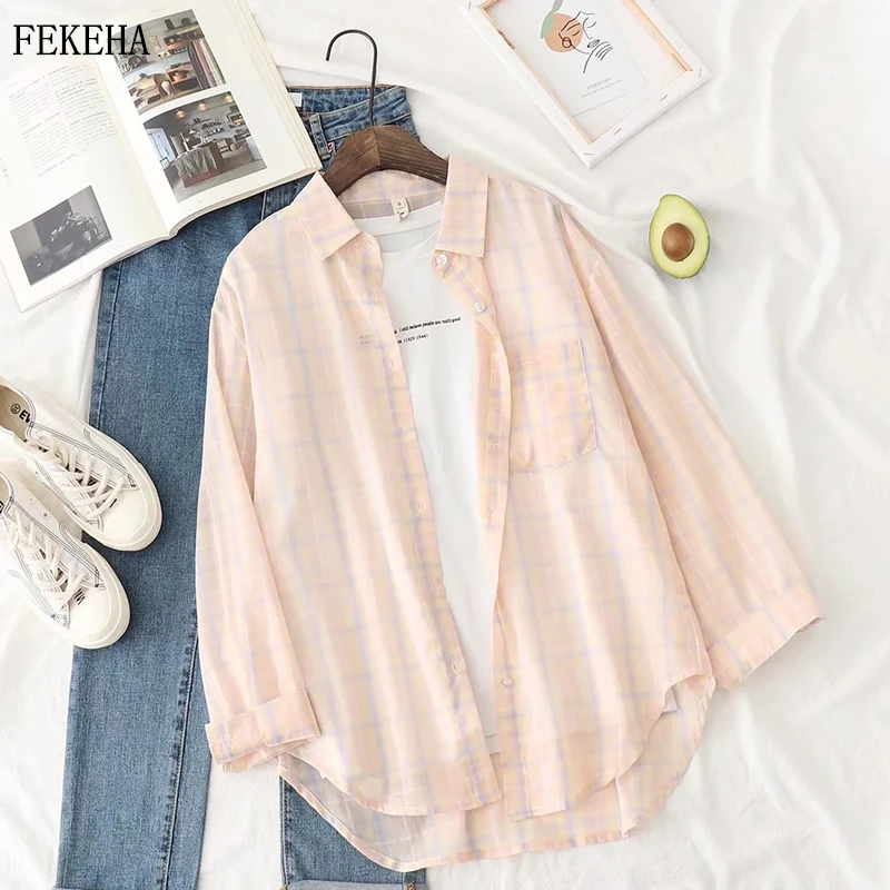 Summer Women Plaid Shirts Thin Loose Blouses Long Sleeve Thin Lady Tops Female Sun Protection Clothing Outwear
Summer Women Plaid Shirts Thin Loose Blouses Long Sleeve Thin Lady Tops Female Sun Protection Clothing Outwear