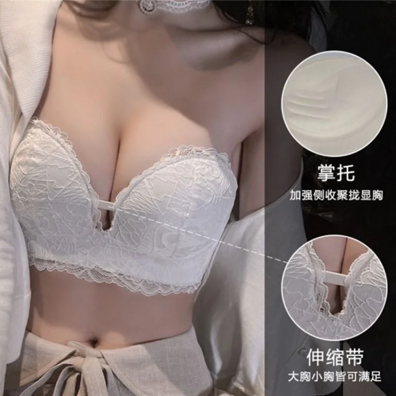 

Sexy lace edge design gathers no steel ring upper thin lower thick bra underwear Strapless invisible care machine bra
