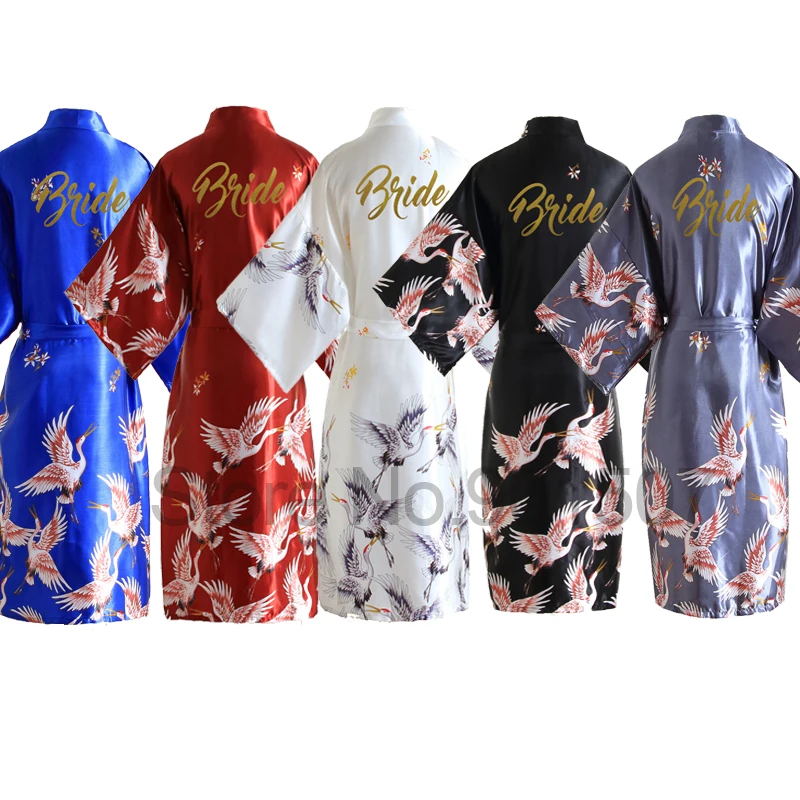 

Print Crane Female Bride Bridesmaid Wedding Robe Loungewear Nightgown Kimono Bathrobe Gown Home Clothing Intimate Lingerie