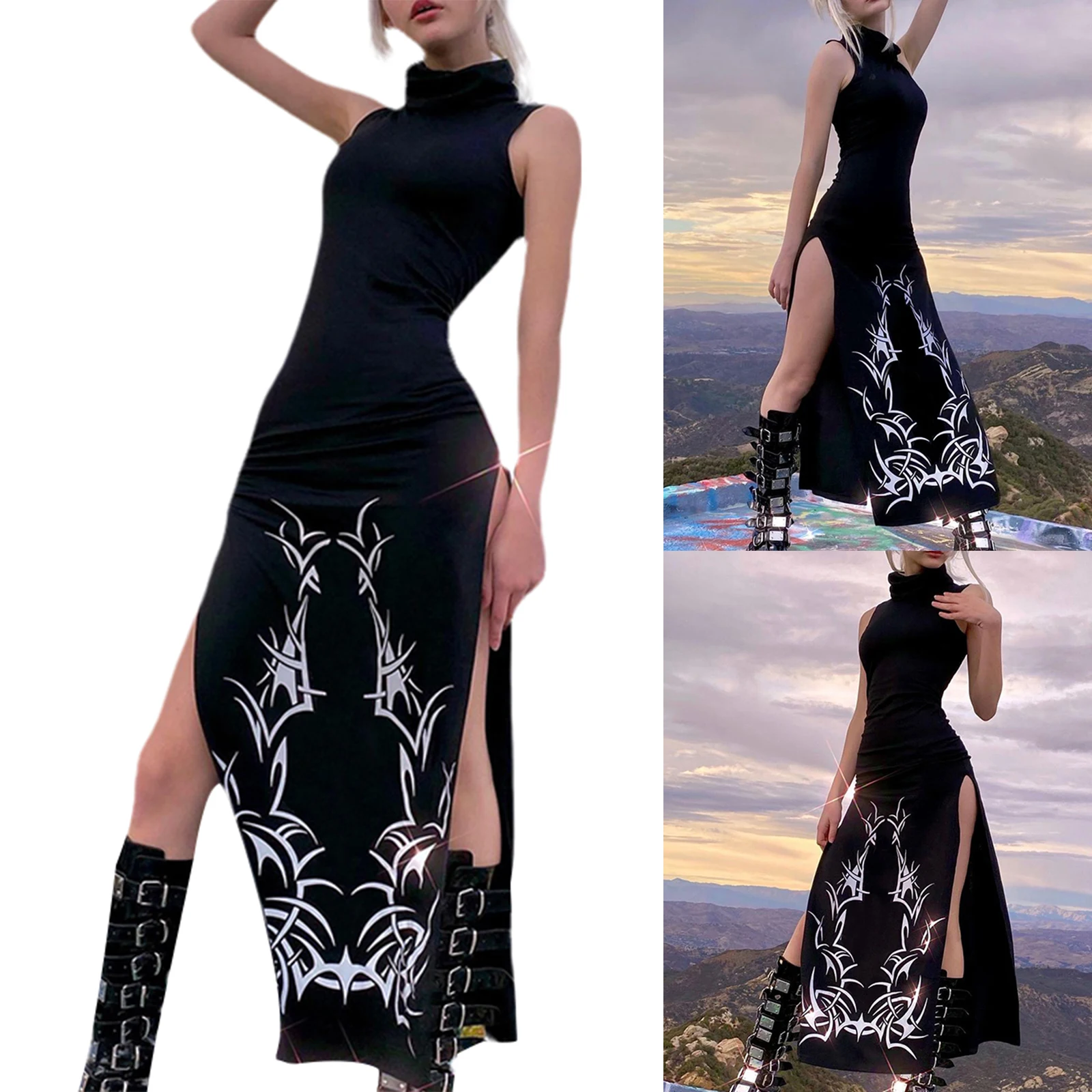 Sexy Women's High Split Dress Gothic Style Sleeveless Long Dress Turtleneck Vintage Ladies Sheath Club Long Dress Sundress
Sexy Women's High Split Dress Gothic Style Sleeveless Long Dress Turtleneck Vintage Ladies Sheath Club Long Dress Sundress