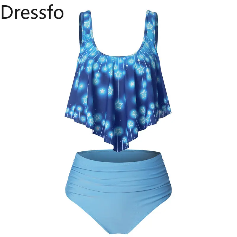 

Dressfo Stars Print Ruched Hem Double Straps Tankini Set Blue Strappy Bikinis Set Conservative Bathing Suit Swimwear 2023 Women