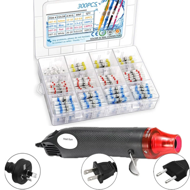 300/200/50PCS Waterproof Heat Shrink Butt Crimp Terminals Solder Seal Electrical Wire Cable Splice Terminal Kit with Hot Air Gun
300/200/50PCS Waterproof Heat Shrink Butt Crimp Terminals Solder Seal Electrical Wire Cable Splice Terminal Kit with Hot Air Gun