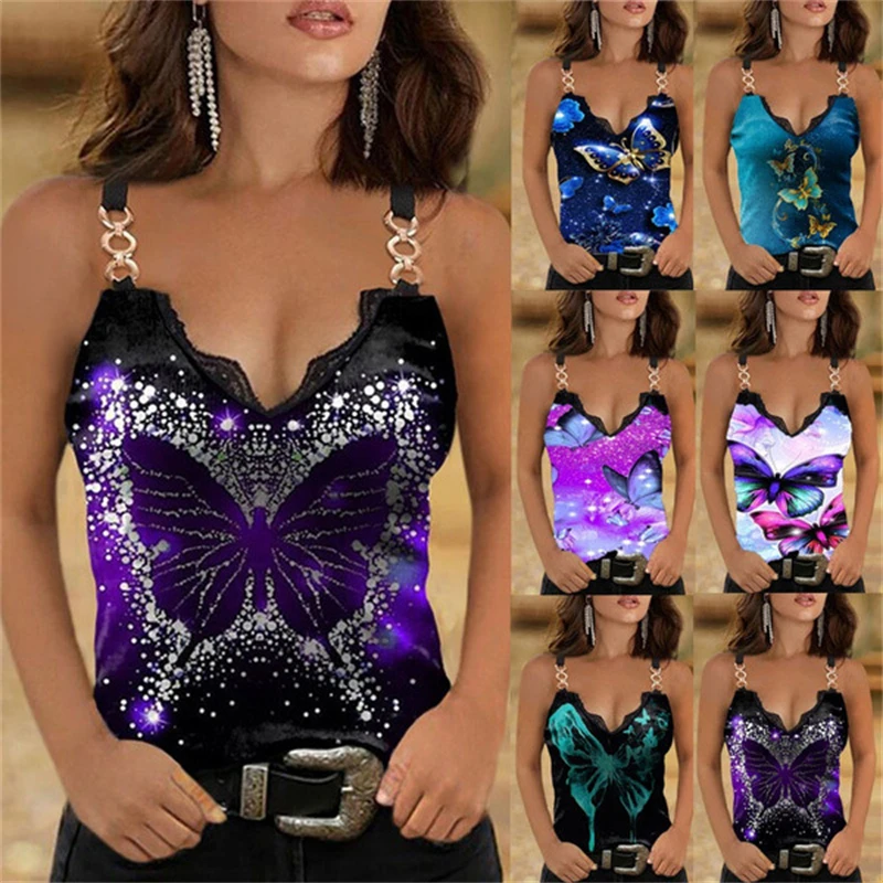 Summer V-neck Lace Print Strap Vest Fashion Slim Sleeveless T-shirt Vintage Sexy Tank Top Women Butterfly Print Tshirt
Summer V-neck Lace Print Strap Vest Fashion Slim Sleeveless T-shirt Vintage Sexy Tank Top Women Butterfly Print Tshirt