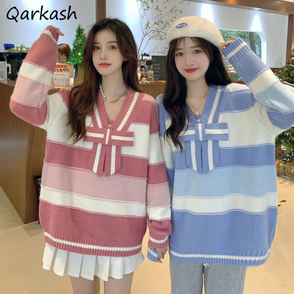 Striped Pullovers Women V-neck Sweet Loose Knitwear Clothes Sweaters Fashion Korean Harajuku Lovely Preppy Autumn Winter Chic
Striped Pullovers Women V-neck Sweet Loose Knitwear Clothes Sweaters Fashion Korean Harajuku Lovely Preppy Autumn Winter Chic