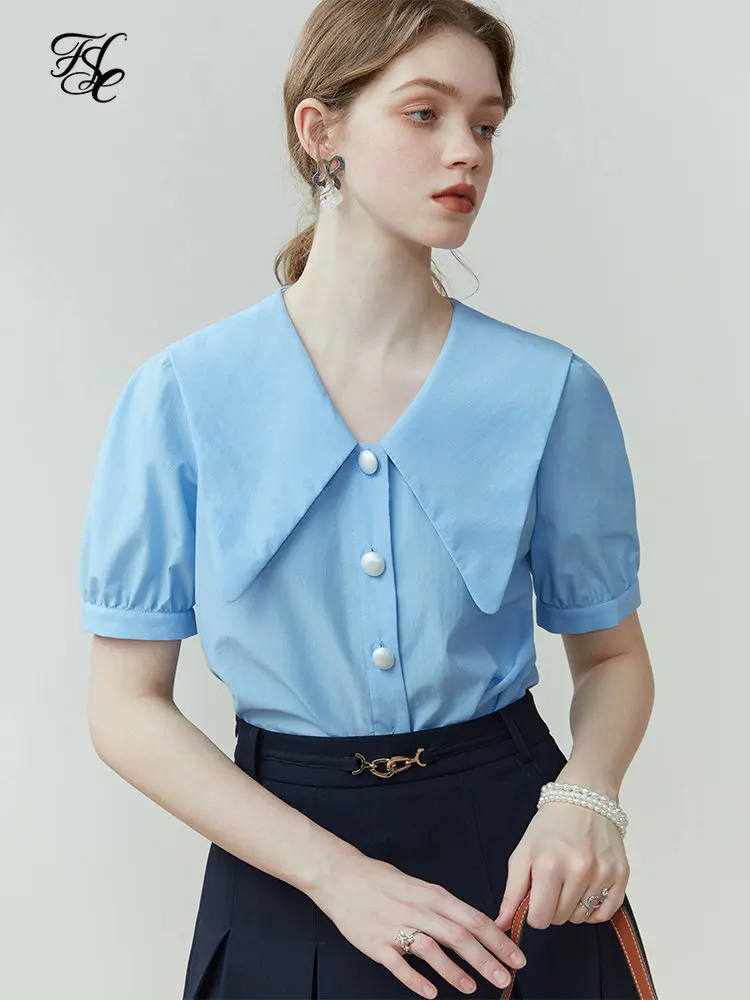 FSLE Sailor Collar Sweet Women Short Blouse Single Breasted Puff Sleeve Large Lapel Design Summer White Short-Sleeved Shirts
FSLE Sailor Collar Sweet Women Short Blouse Single Breasted Puff Sleeve Large Lapel Design Summer White Short-Sleeved Shirts